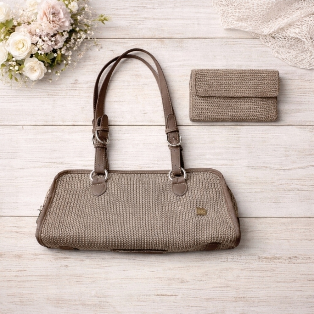 The Sak Crochet Shoulder Bag + Wallet Set Taupe Boho Cottagecore